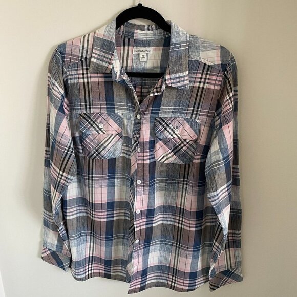 CROFT & BARROW WOMEN'S BUTTON UP PLAID SHIRT LONG SLEEVES POCKET COTTON M - Picture 1 of 5